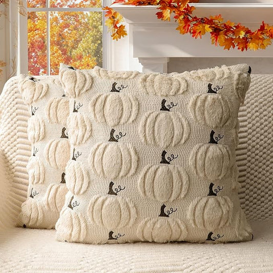 4TH Emotion Fall Pumpkin Decorative Pillow Covers 18"x18" Set of 2, Beige Soft Plush Faux Fur Throw Cushion Cases for Autumn Thanksgiving Holiday Home Decorations