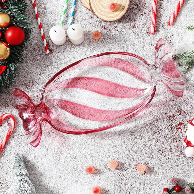 Christmas Candy Glass Plate, Christmas Theme Serving Tray for Holiday Desserts, Cookies & Candy Display, Festive Party Bowl, Pink Xmas Decorations Large