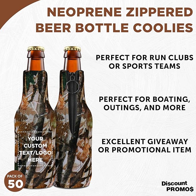50 Neoprene Zippered Beer Bottle Coolies Pack - Customizable Text, Logo - Sharkskin Rubber Bottom - Camo3