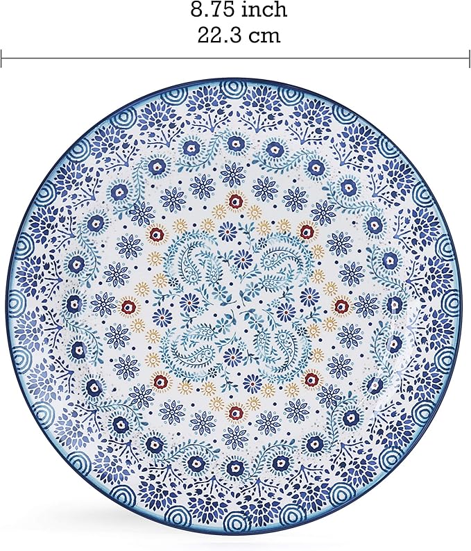 Bico Blue Talavera Salad Plates Set of 4, 8.75 Inch Ceramic Dessert Plates for Salad, Appetizer, Side Dishes, Microwave and Dishwasher Safe, Gift for Housewarming and Thanksgiving