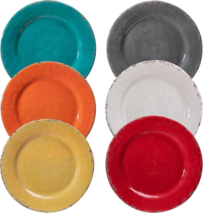 Rustic Melamine Dinner Plates, 11 inch Melamine Plates Set of 6, Large Salad/Dessert Plates, Unbreakable Colorful Serving Dishes Set for Indoor and Outdoor, Assorted Color…