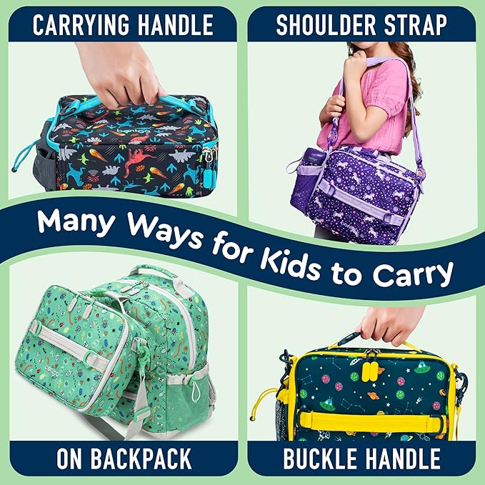 Bentgo Kids Lunch Bag - Durable, Double-Insulated Lunch Bag for Kids 3+; Holds Lunch Box, Water Bottle, & Snacks; Easy-Clean Water-Resistant Fabric & Multiple Zippered Pockets (Space)