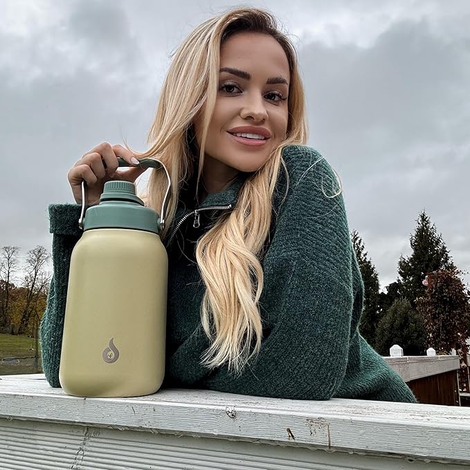 BJPKPK 1 Gallon Water Bottle Insulated, Dishwasher Safe 128oz Large Water Jug with Metal Handle & BPA Free Spout Lid, Stainless Steel Metal Thermo for Gym, Sports & Hiking, Blue Black