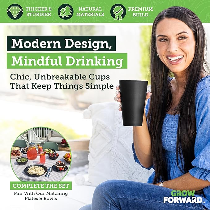 Grow Forward Premium Wheat Straw Cups - 20 oz Unbreakable BPA Free Hard Plastic Cups - Reusable Lightweight Plastic Drinking Glasses for Kitchen, Outdoor, Water, Camping, RV - Midnight