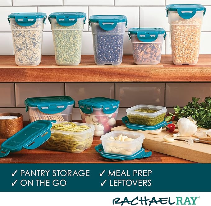 Rachael Ray Leak-Proof Stacking Container Food Storage Bin Set, 20-Piece, Clear with Teal Lids