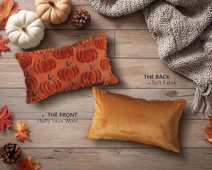 4TH Emotion Fall Pumpkin Decorative Lumbar Pillow Covers 12x20 Set of 2, Dark Rust Red Soft Plush Faux Fur Wool Farmhouse Throw Cushion Cases for Autumn Thanksgiving Holiday Home Decorations