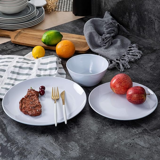 Melamine Dinnerware Set - 12pcs Plates and Bowls Set for 4, Indoor and Outdoor Use, Dishwasher Safe, Lightweight,White
