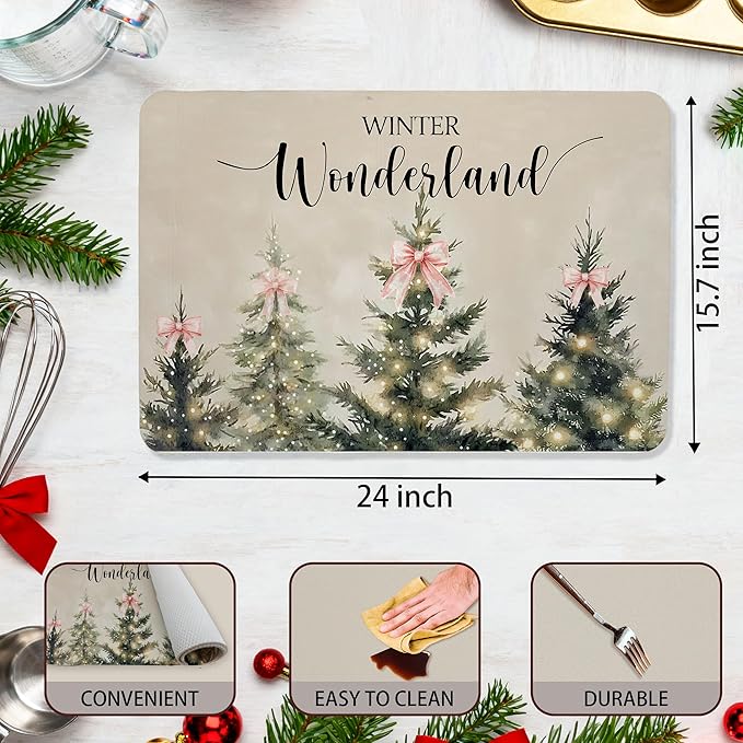 Winter Christmas Tree Dish Drying Mat, Pink Bow Xmas Tree Coffee Bar Mat for Countertops, Vintage Christmas Absorbent Dish Drying Mats for Kitchen Counter Coffee Maker, 16x24 Inch