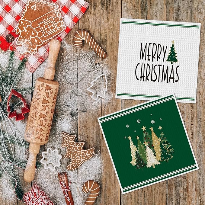 Artoid Mode Green Star Xmas Tree Merry Christmas Kitchen Dish Cloths, 12x12 Inch Quick Dry Microfiber Dishcloths for Kitchen Dish Rags Set of 2