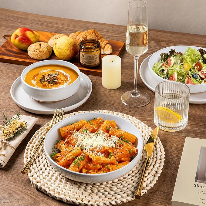 AmorArc Ceramic Dinnerware Sets with Pasta Bowls for 8, Handpainted Plates and Bowls Set with Rustic Terracotta Underside, Scratch Resistant Dishes Set, Dishwasher & Microwave Safe, 32 Pcs