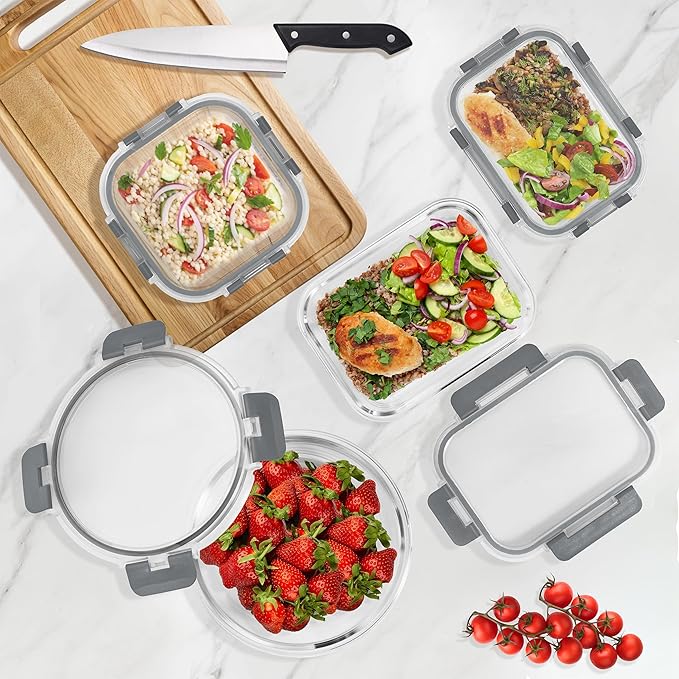 Sorbus 16pc Glass Meal Prep Containers Set – 8 Round 32oz Containers with Airtight Lids – Freezer, Dishwasher, Oven Safe – Reusable Food Storage Bowls, 4 Cup Capacity for Meal Prep and Storage Grey