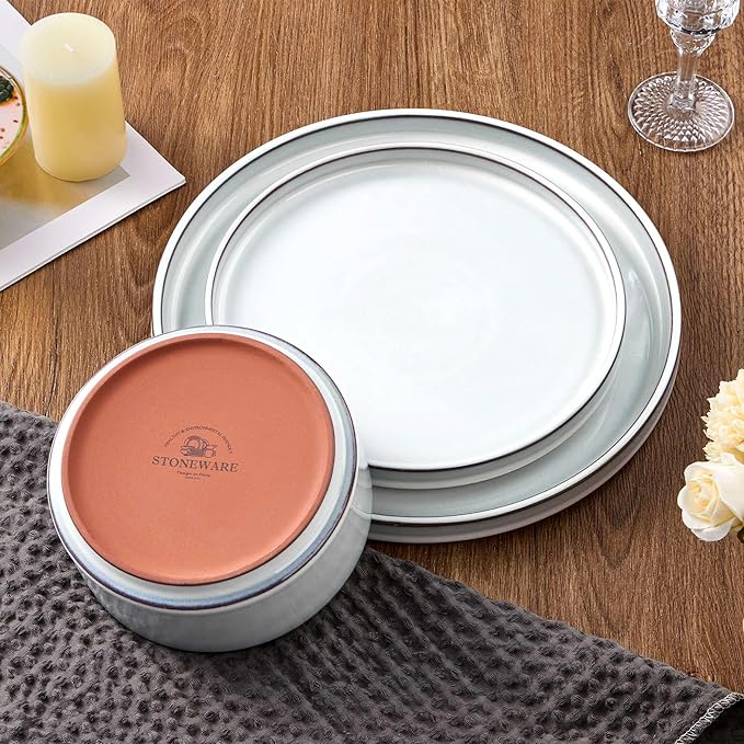 LIANYU 18 Piece Dinnerware Sets for 6, Stoneware Dinner Plates and Bowls Set, Dishware Dish for Home Kitchen Dining, Rustic Terracotta Bottom, Dishwasher & Microwave Safe, Lucent White