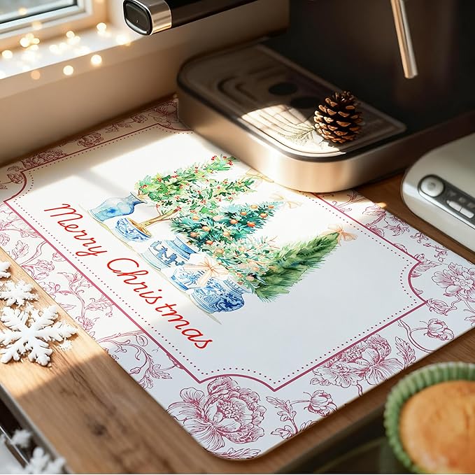 Chinoiserie Christmas Tree Dish Drying Mat, Vintage Floral Christmas Coffee Bar Mat for Countertops, Grandmillennial Xmas Absorbent Dish Drying Mats for Kitchen Counter Coffee Maker, 16x24 Inch