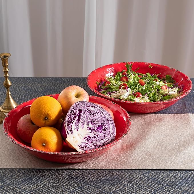 13.75" x2.75'' Extra Large Melamine Serving Bowls, Set of 2, Christmas Bowls Set for Salad, Pasta, Fruit, Unbreakable Farmhouse Deep Bowl. Durable and Dishwasher Safe, True Red