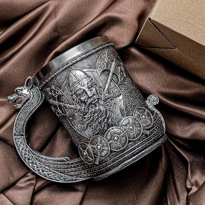 Viking Mug Beer Stein Tankard, Stainless Steel Ideal Drinkware for Coffee Cup Nordic Style Gifts for Men