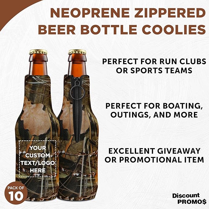 10 Neoprene Zippered Beer Bottle Coolies Pack - Customizable Text, Logo - Sharkskin Rubber Bottom - Camo4