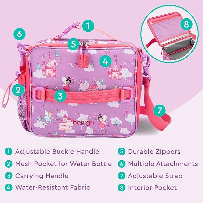 Bentgo Kids Lunch Bag - Durable, Double-Insulated Lunch Bag for Kids 3+; Holds Lunch Box, Water Bottle, & Snacks; Easy-Clean Water-Resistant Fabric & Multiple Zippered Pockets (Fairies)