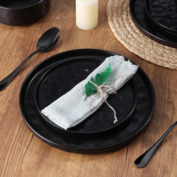 LIANYU 18 Piece Dinnerware Dishes Sets for 6, Stoneware Plates and Bowls Dishware Set, Ceramic Dinning Ware Includes Dinner Salad Plates, Cereal Bowls, Chip & Scratch Resistant, Obsidian Matte Black