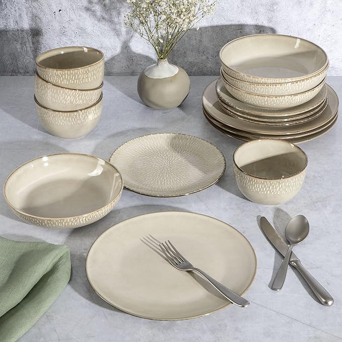 Gibson Elite Matisse Double Bowl Dinnerware Set, Service for 4 (16pcs), Taupe