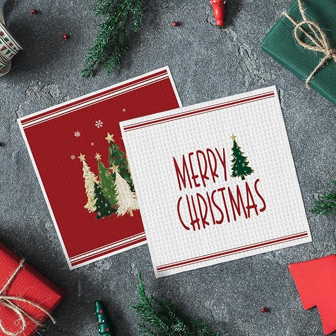 Artoid Mode Red Star Xmas Tree Merry Christmas Kitchen Dish Cloths, 12x12 Inch Quick Dry Microfiber Dishcloths for Kitchen Dish Rags Set of 2