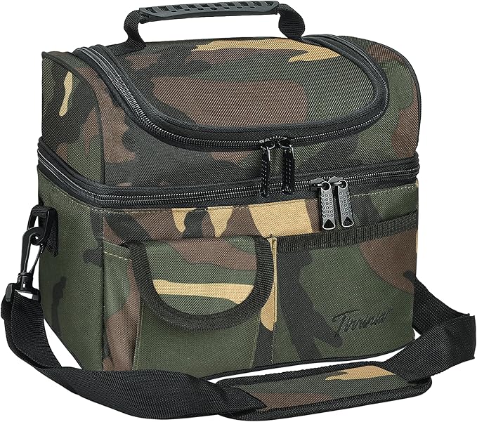 Tirrinia Reusable Lunch Box for Men Women, Insulated Lunch Bag Adult Work, Double Decker Leakproof Lunchbox for Office Picnic Beach—Dual Compartment Lunch Cooler Bag,Camo