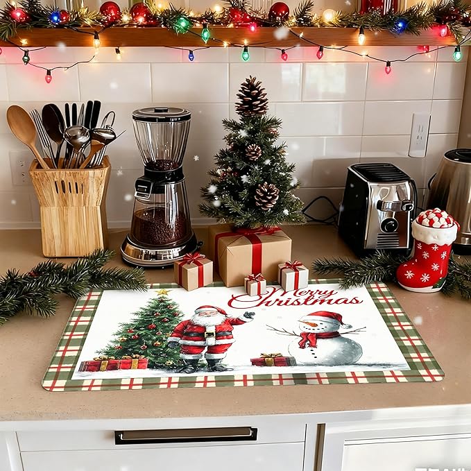Red and Green Plaid Christmas Dish Drying Mat, Christmas Tree Santa Snowman Coffee Bar Mat for Countertops, Retro Xmas Absorbent Dish Drying Mats for Kitchen Counter Coffee Maker, 16x24 Inch
