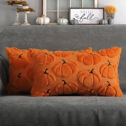 4TH Emotion Fall Pumpkins Decorative Lumbar Pillow Covers 12x20 Set of 2, Orange Soft Plush Faux Fur Wool Farmhouse Throw Cushion Cases for Autumn Thanksgiving Holiday Home Decorations