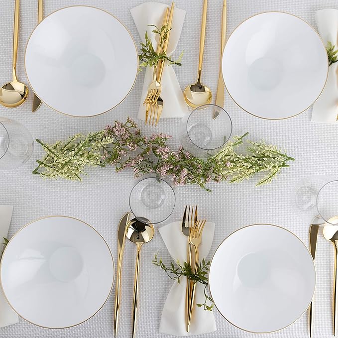 PLASTICPRO [16 OZ 40 Count] White Plastic Floral Design Party Soup bowls With Gold Rim Premium heavyweight Elegant Disposable Tableware Dishes