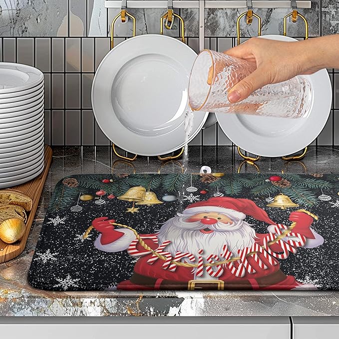 Christmas Santa Claus Dish Drying Mat Winter Drying Dish Mat for Kitchen Countertops Xmas Dish Dryer Mat Microfiber Dishes Drainer Pad Dish Drying Pad (18x24 in)