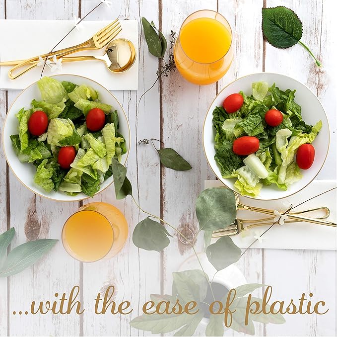 PLASTICPRO White Plastic Floral Design Party Plates With Gold Rim Premium heavyweight Elegant Disposable Tableware Dishes (120, 16 OUNCE BOWLS)