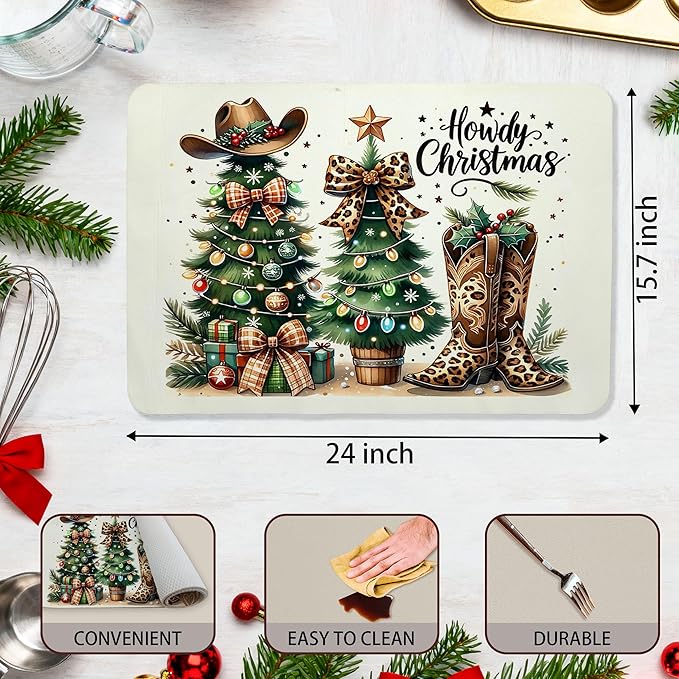 Western Christmas Tree Dish Drying Mat, Leopard Bow Cowgirl Christmas Coffee Bar Mat for Countertops, Holiday Xmas Absorbent Dish Drying Mats for Kitchen Counter Coffee Maker, 16x24 Inch