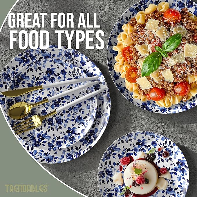 Trendables Heavy Duty Paper Plates Set For 16 Guests - 16 Each Of 8-inch And 10-inch Disposable Plates For Party - Fancy 32 Piece Dinnerware Set For All Occasions | Floral Design, Bluebelle