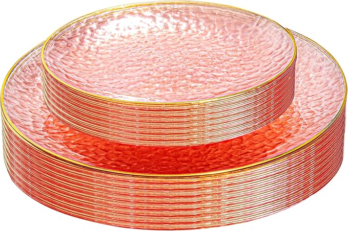 SUT 36Pcs Pink Plastic Plates, Hammered Plates Disposable Heavy Duty, Pink Disposable Plates With Gold Rim, Fancy Plastic plates Include 18 Dinner and 18 Dessert plates for Wedding
