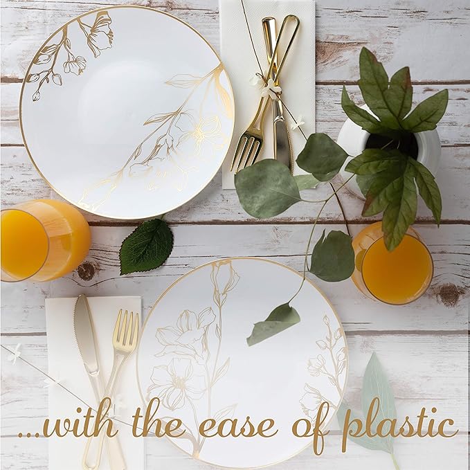 [9'' Plates 40 Count] White Plastic Floral Design Party Dinner Plates With Gold Rim Premium heavyweight Elegant Disposable Tableware Dishes