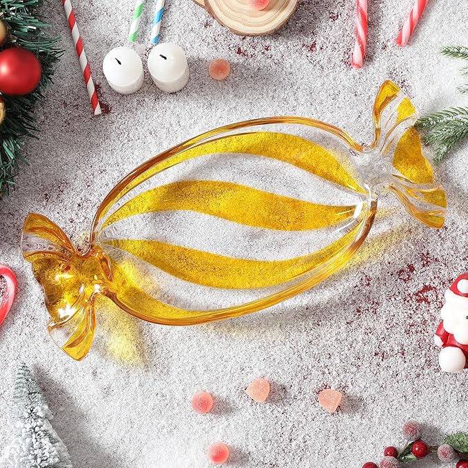 Christmas Candy Glass Plate, Christmas Theme Serving Tray for Holiday Desserts, Cookies & Candy Display, Festive Party Bowl, Yellow XMAS Decorations Long