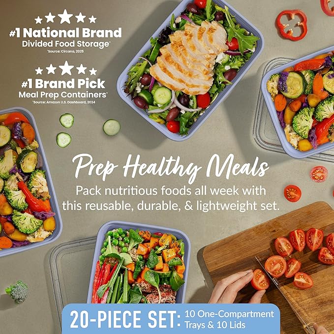 Bentgo Prep - 20-Piece 1-Compartment Reusable Meal Prep Containers with Lids, PFAS & BPA Free Materials, Durable, Microwave, Freezer, & Dishwasher Safe To Go Food Storage (Periwinkle)