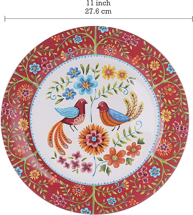 Bico Red Spring Bird Dinner Plates Set of 4, 11 Inch Large Ceramic Plates for Pasta, Steak, Stylish Serving Dishes, Microwave and Dishwasher Safe, Gift for Housewarming and Thanksgiving