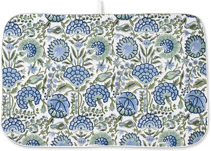Blue Sage Green Floral Dish Drying Mats 18x24 Inch Sage Green Block Print Flower Holiday Kitchen Decor Absorbent Drying Pad Rack Drainer Mats for Kitchen Dining Room Counter