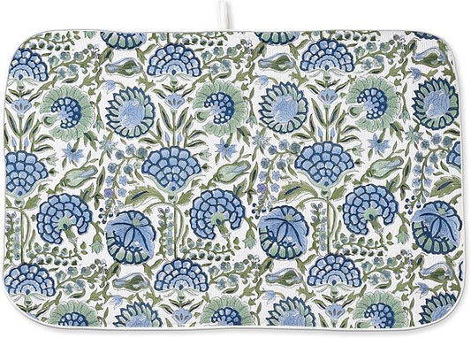 Blue Sage Green Floral Dish Drying Mats 18x24 Inch Sage Green Block Print Flower Holiday Kitchen Decor Absorbent Drying Pad Rack Drainer Mats for Kitchen Dining Room Counter