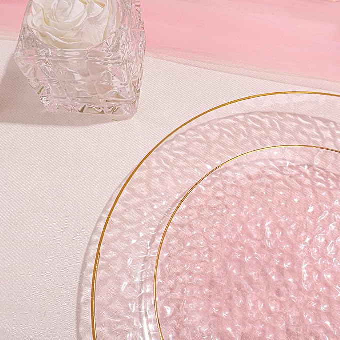 SUT 36Pcs Pink Plastic Plates, Hammered Plates Disposable Heavy Duty, Pink Disposable Plates With Gold Rim, Fancy Plastic plates Include 18 Dinner and 18 Dessert plates for Wedding