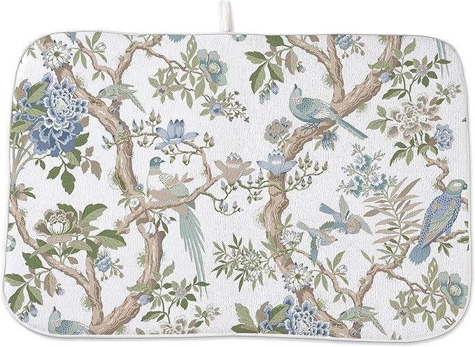 Blue Green Floral Bird Dish Drying Mats 18x24 Inch Blue Green Vintage Flowers Bird Chinoiserie Decorative Drying Mats Outdoor Kitchen Decor Coffee Bar Mat for Kitchen Dining Room