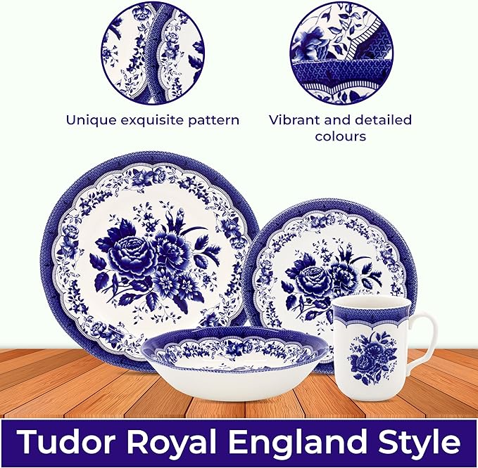 Tudor Royal 24-Piece Porcelain Round Dinnerware Set, Service for 6, Victoria Blue Design, Blue Floral, Plates Bowls Mugs Dishes, Glossy, Premium Quality Tableware, Unique Pattern