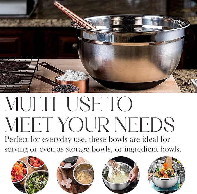 Bellemain Stainless Steel Non-Slip Mixing Bowls with Lids (5 Piece, Silver/Black)