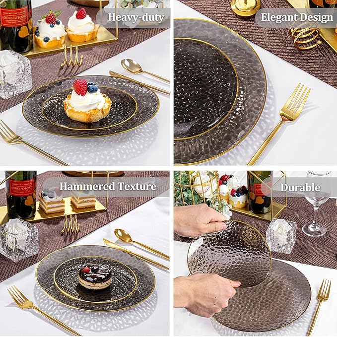 SUT 36Pcs Black Plastic Plates, Hammered Plates Disposable Heavy Duty, Black Disposable Plates With Gold Rim, Fancy Plastic plates Include 18 Dinner and 18 Dessert plates for Wedding