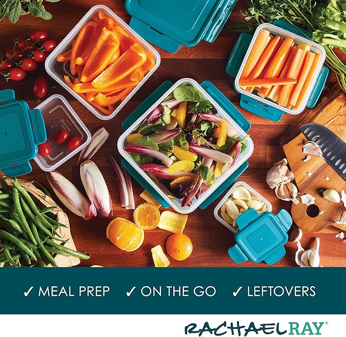 Rachael Ray Leak-Proof Nestable Container Food Storage Bin Set, 10-Piece Square, Teal Lid