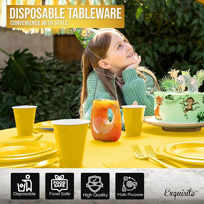 222 Pcs Yellow Paper Plates and Napkins Sets, Disposable Plates For Party, Lunch & Cocktail Napkins Paper, 18oz Plastic Cups, Cutlery and Yellow Table cloth Plastic Dinnerware Set