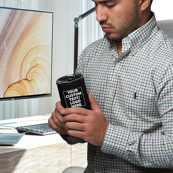 DISCOUNT PROMOS Custom Travel Tumblers with Cork Bottom 16 oz. Set of 1, Personalized Bulk Pack - Double Wall Insulated, Matte Finish, Perfect for Iced Coffee, Soda, Other Beverages - Black