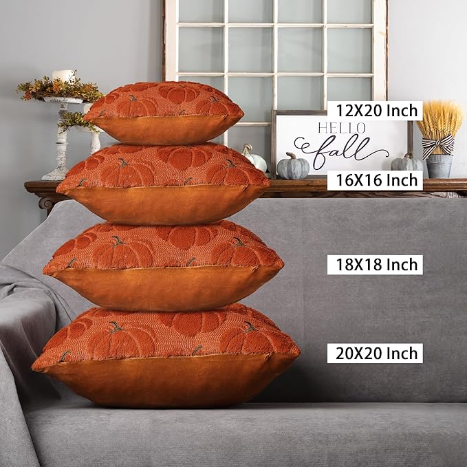 4TH Emotion Fall Pumpkins Decorative Pillow Covers 16x16 Set of 2, Dark Rust Red Soft Plush Faux Fur Wool Farmhouse Throw Cushion Cases for Autumn Thanksgiving Holiday Home Decorations
