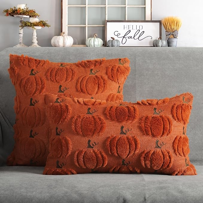 4TH Emotion Fall Pumpkin Decorative Lumbar Pillow Covers 12x20 Set of 2, Dark Rust Red Soft Plush Faux Fur Wool Farmhouse Throw Cushion Cases for Autumn Thanksgiving Holiday Home Decorations
