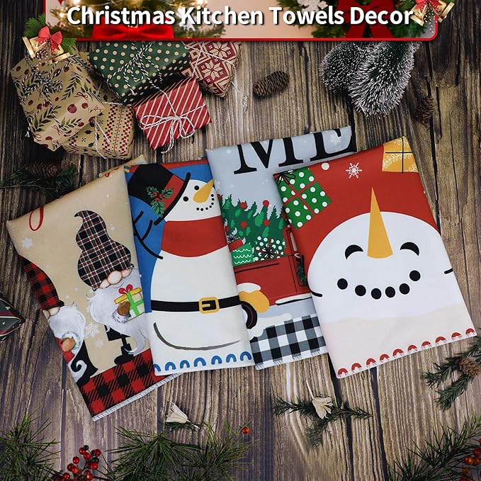 Christmas Kitchen Towels Xmas Decorative Towel - Tea Hand Towel Snowman Truck Towel Absorbent Set with Hanging Loop for Dish Garden Farmhouse Bathroom Holiday Decor, 4 Pcs
